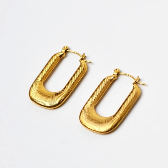18K Gold Plated Large Hoop Earrings*Rectangular Hoops*Gold Waterproof Jewelry - Picture 4 of 8